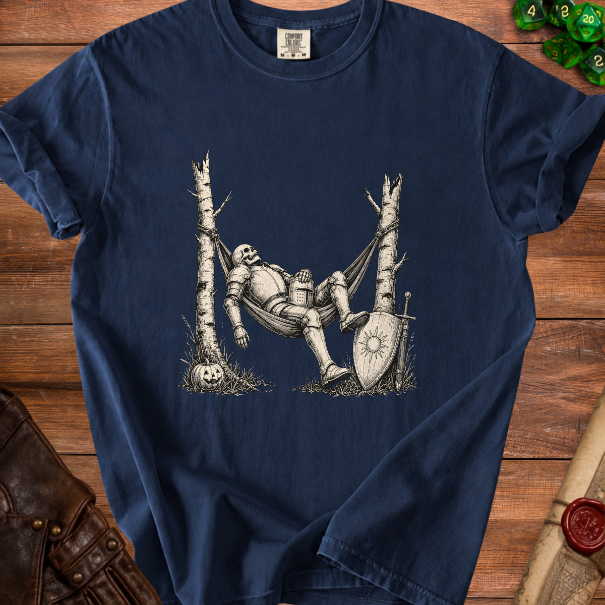 Skeleton knight in armor relaxing in a hammock with shield, sword, and pumpkin.