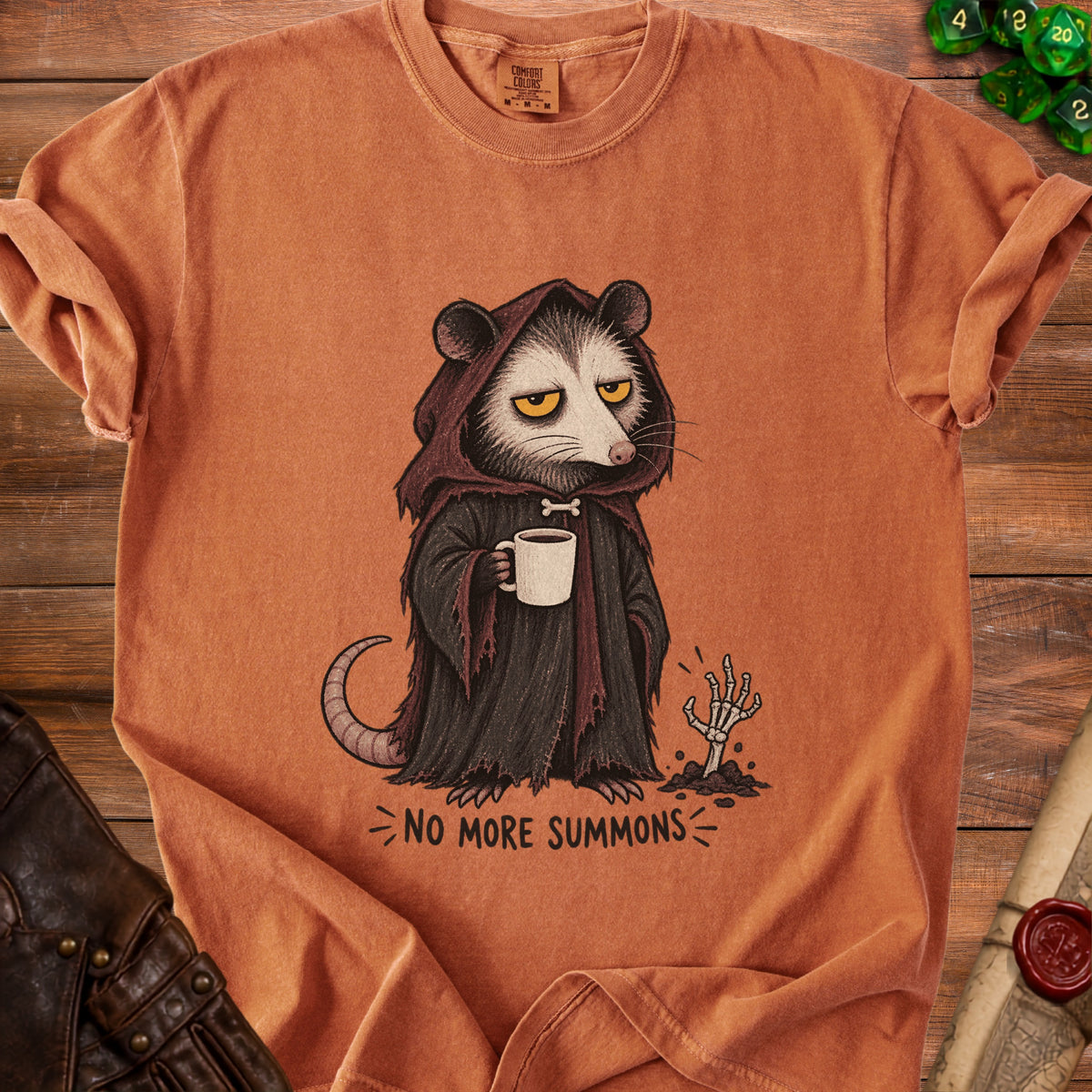 Opossum in a dark robe holding coffee with "No More Summons" text.