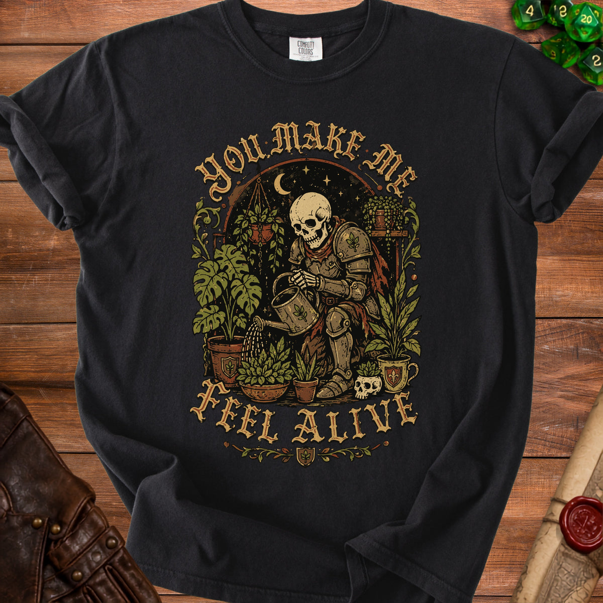 Skeleton knight watering plants under a crescent moon, text "You Make Me Feel Alive".