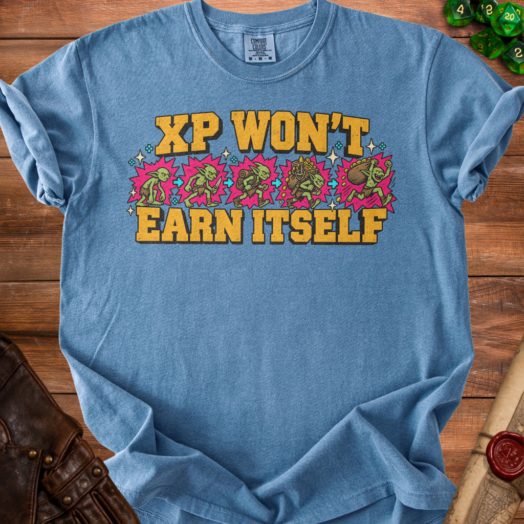 Blue t-shirt with "XP WON'T EARN ITSELF" text and goblins illustration.