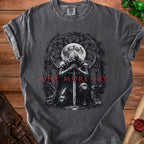 Gray t-shirt with knight, sword, moon, and Gothic window graphic, text "ONE MORE TRY".