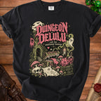 Black t-shirt with "Dungeon Delulu" text, chest, mushrooms, skull, and dice.