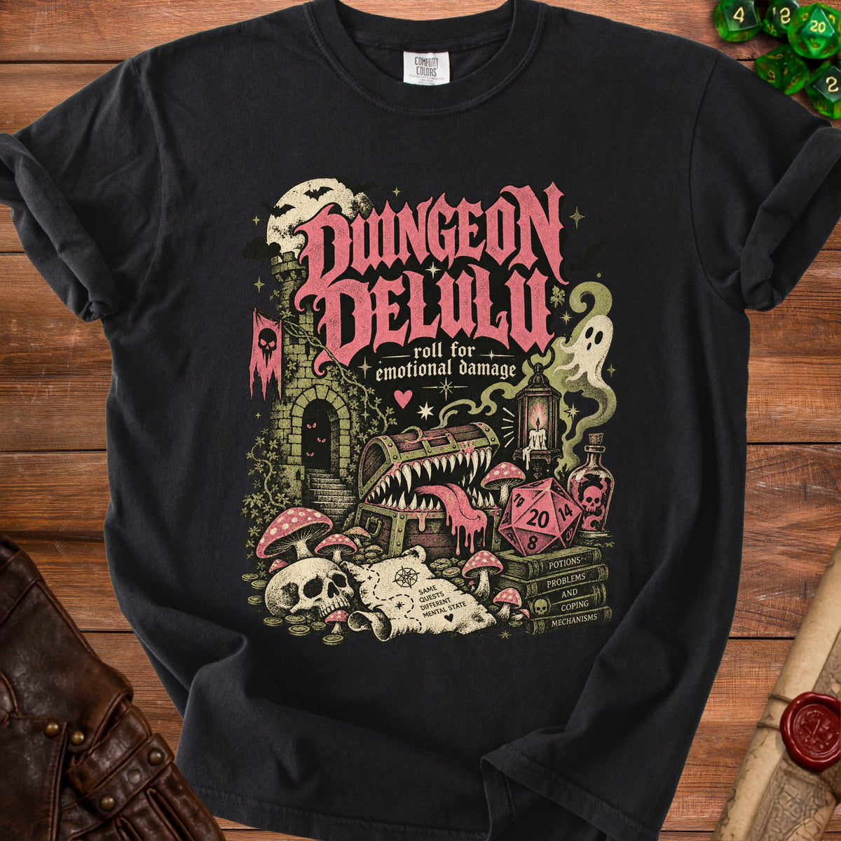 Black t-shirt with "Dungeon Delulu" text, chest, mushrooms, skull, and dice.