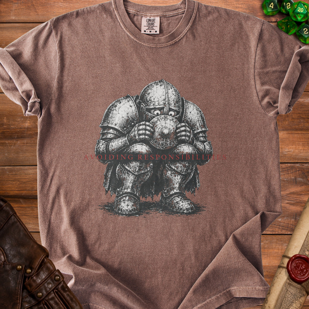 Brown t-shirt with knight graphic and "Avoiding Responsibilities" text.