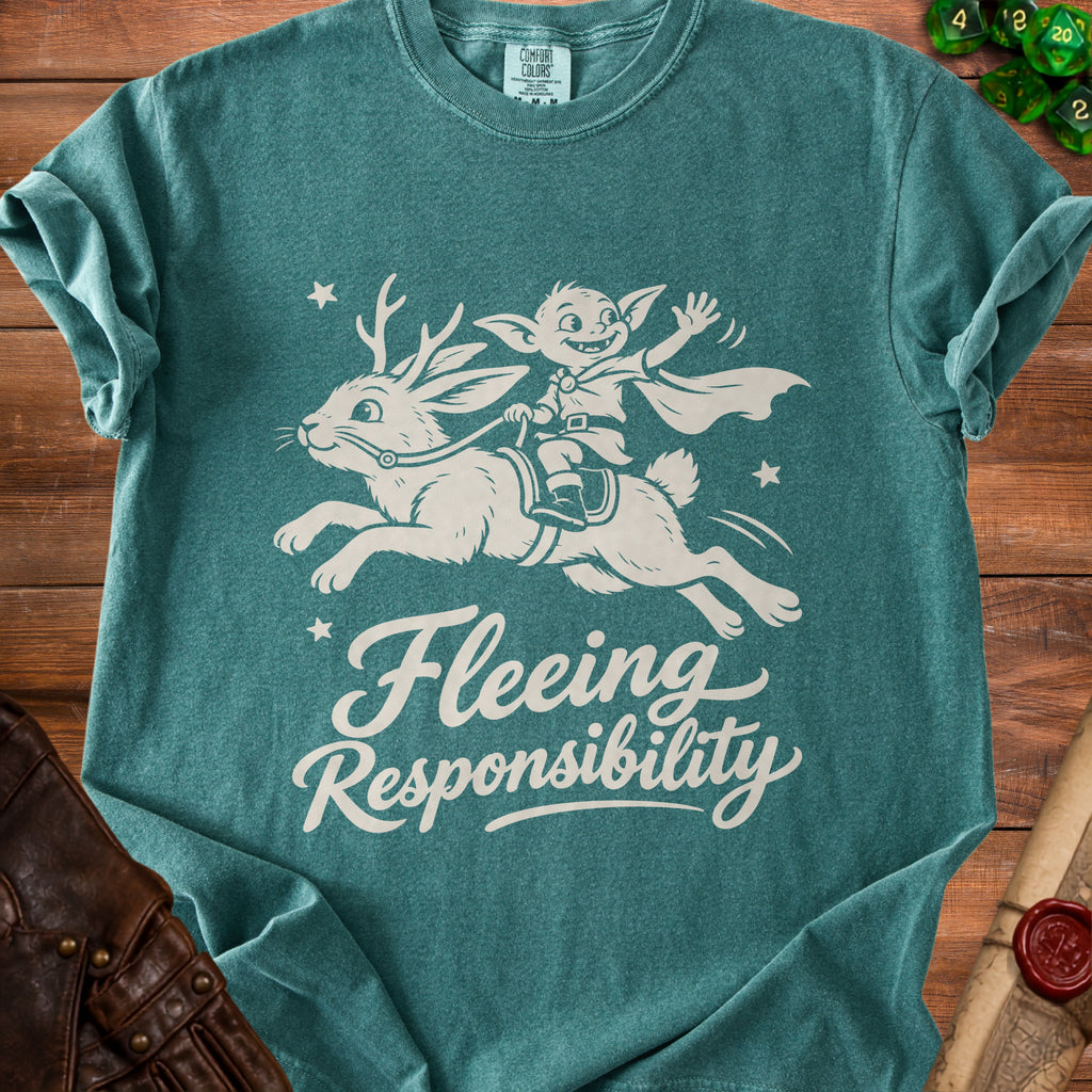 T-shirt graphic of a goblin riding a reindeer with the text "Fleeing Responsibility".