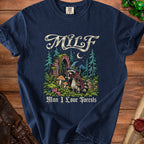 Navy t-shirt with "MILF Man I Love Forests" text and a raccoon wizard illustration.
