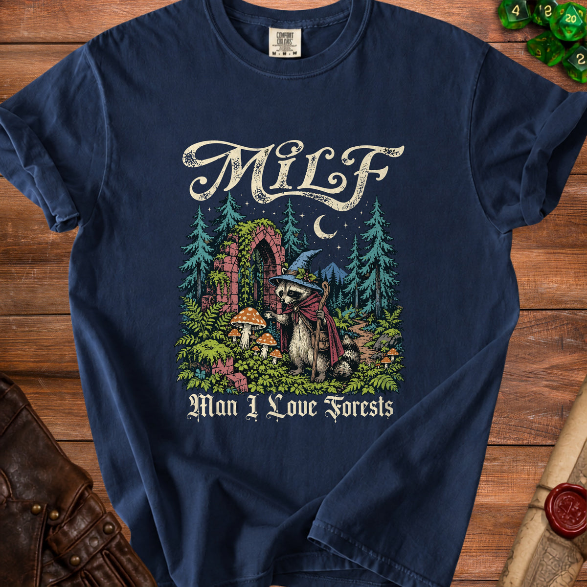 Navy t-shirt with "MILF Man I Love Forests" text and a raccoon wizard illustration.