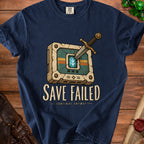 Navy t-shirt with "Save Failed Continue Anyway" text and a cracked save point graphic.