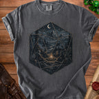 D20 die graphic of adventurers around a campfire under a moonlit sky.