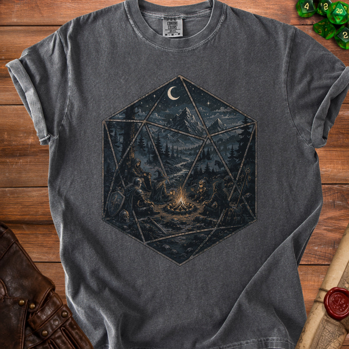 D20 die graphic of adventurers around a campfire under a moonlit sky.