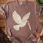 Brown t-shirt with a cream-colored distressed graphic of a dove holding a sword in its beak.