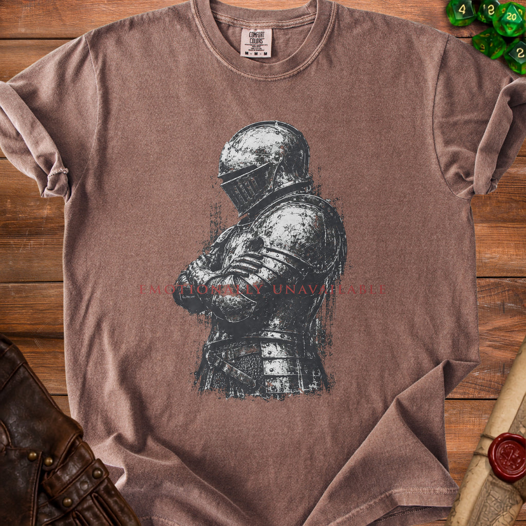 Brown t-shirt with black and white distressed knight graphic and red text.
