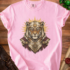 Pink t-shirt with tiger wearing armor and a d20 dice graphic.
