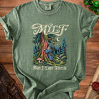 Green t-shirt with "MILF" and "Man I Love Forests" text and forest graphic.