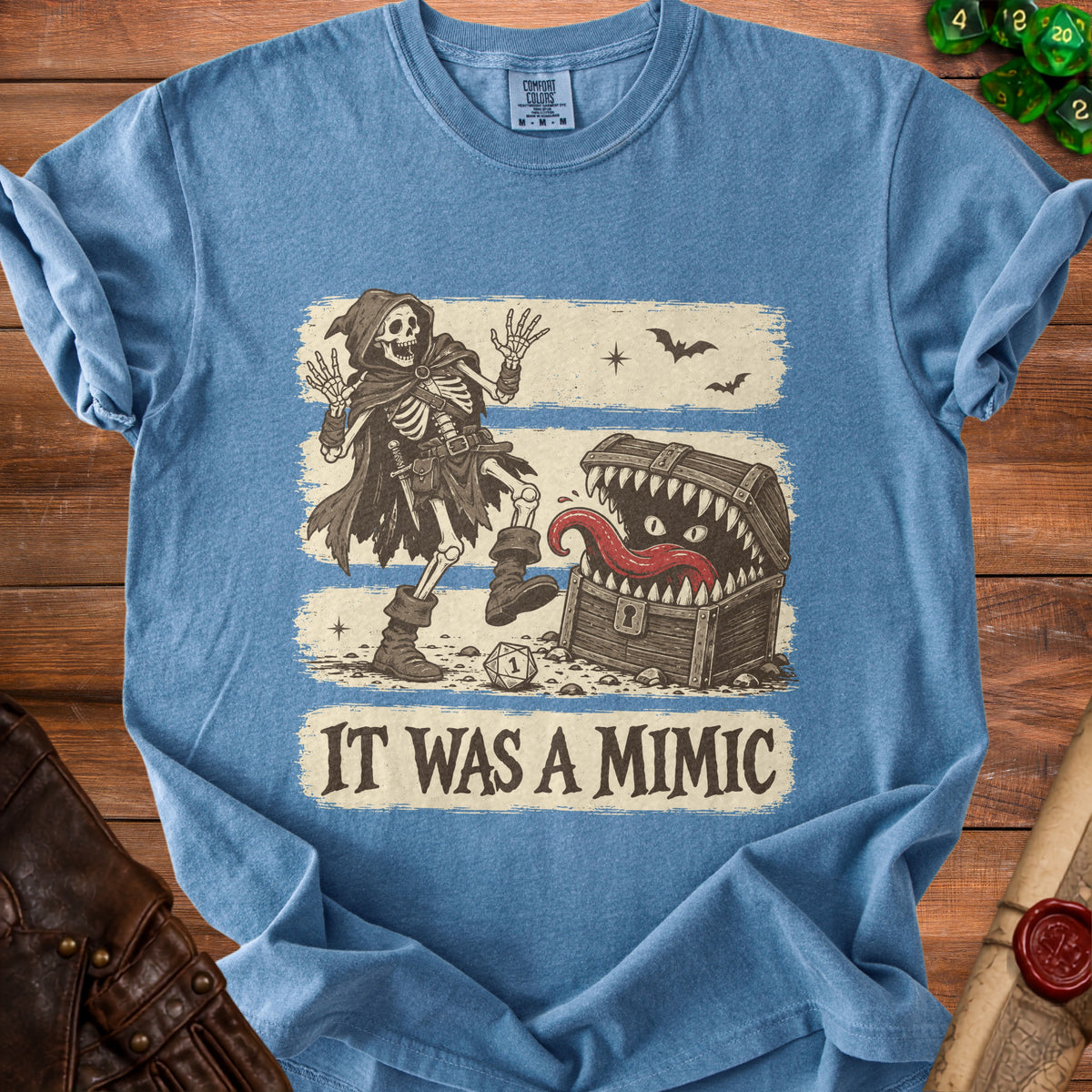 Skeleton encounters a mimic chest with text "IT WAS A MIMIC."