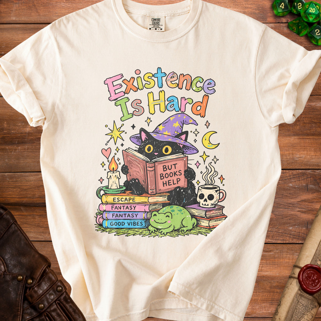 Cream t-shirt with black cat wearing wizard hat reading "But Books Help."