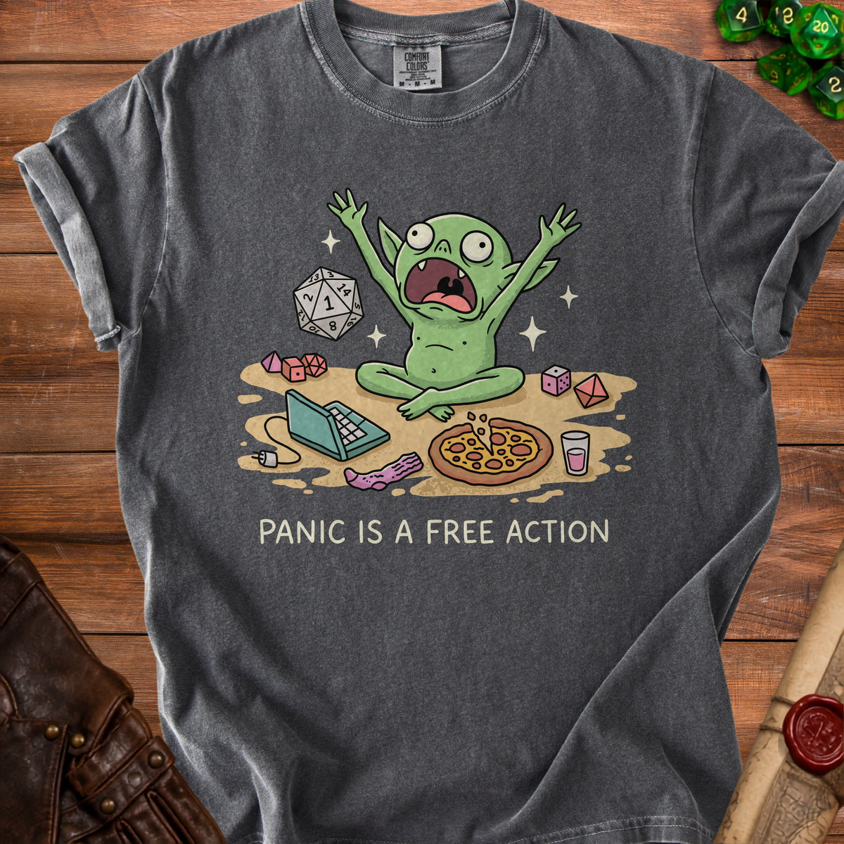 Dark t-shirt with panicked cartoon goblin, dice, pizza, and text "Panic is a free action".
