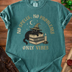 Black cat in witch hat on books, "NO SPELLS, NO PROBLEMS, ONLY VIBES".
