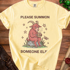 Yellow t-shirt with text "PLEASE SUMMON SOMEONE ELSE" and a goat holding coffee.