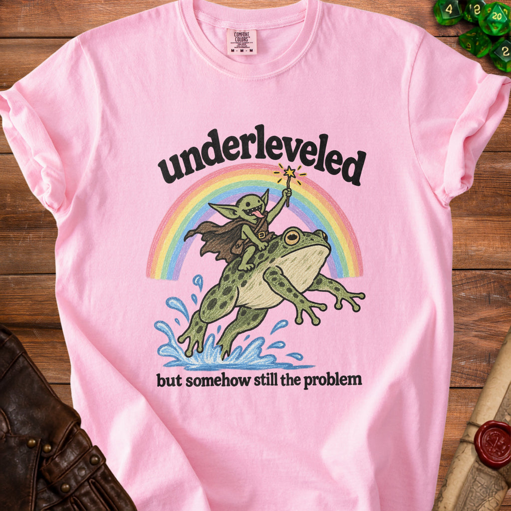 Pink t-shirt with "underleveled but somehow still the problem" and a goblin riding a frog.