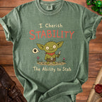 Green t-shirt with text "I Cherish STABILITY The Ability to Stab" and cartoon goblin.