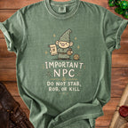 Green t-shirt with a gnome holding a quest scroll and bag. Text reads "Important NPC Do Not Stab, Rob, or Kill".