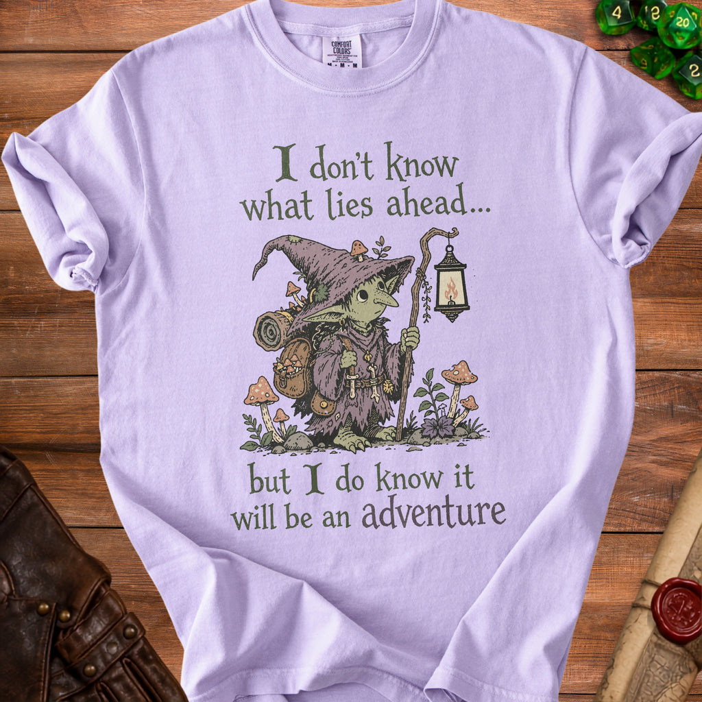 Goblin with lantern and mushrooms graphic on a purple t-shirt, with text.