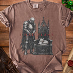 Knight beside throne with crowned cat, text "I HAD PLANS" on brown t-shirt.