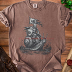 Knight riding snail with flag, text "GETTING THERE EVENTUALLY" on brown t-shirt.