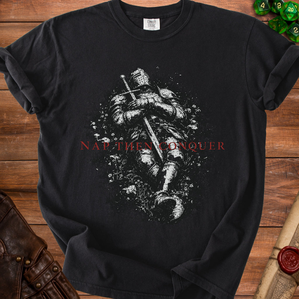 Black t-shirt with knight graphic and text "NAP THEN CONQUER"