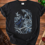 Wizard Gandalf stands on an icy cliff overlooking a frozen lake and distant castle.