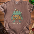 Brown t-shirt with a frog playing a lute and the text "CROAK & ROLL".