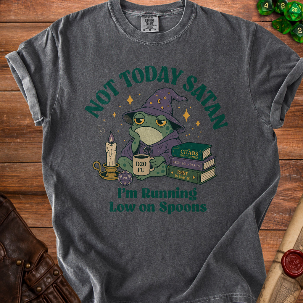 T-shirt with frog in wizard hat, holding mug that says "D20 FU", and text "Not Today Satan I'm Running Low on Spoons".