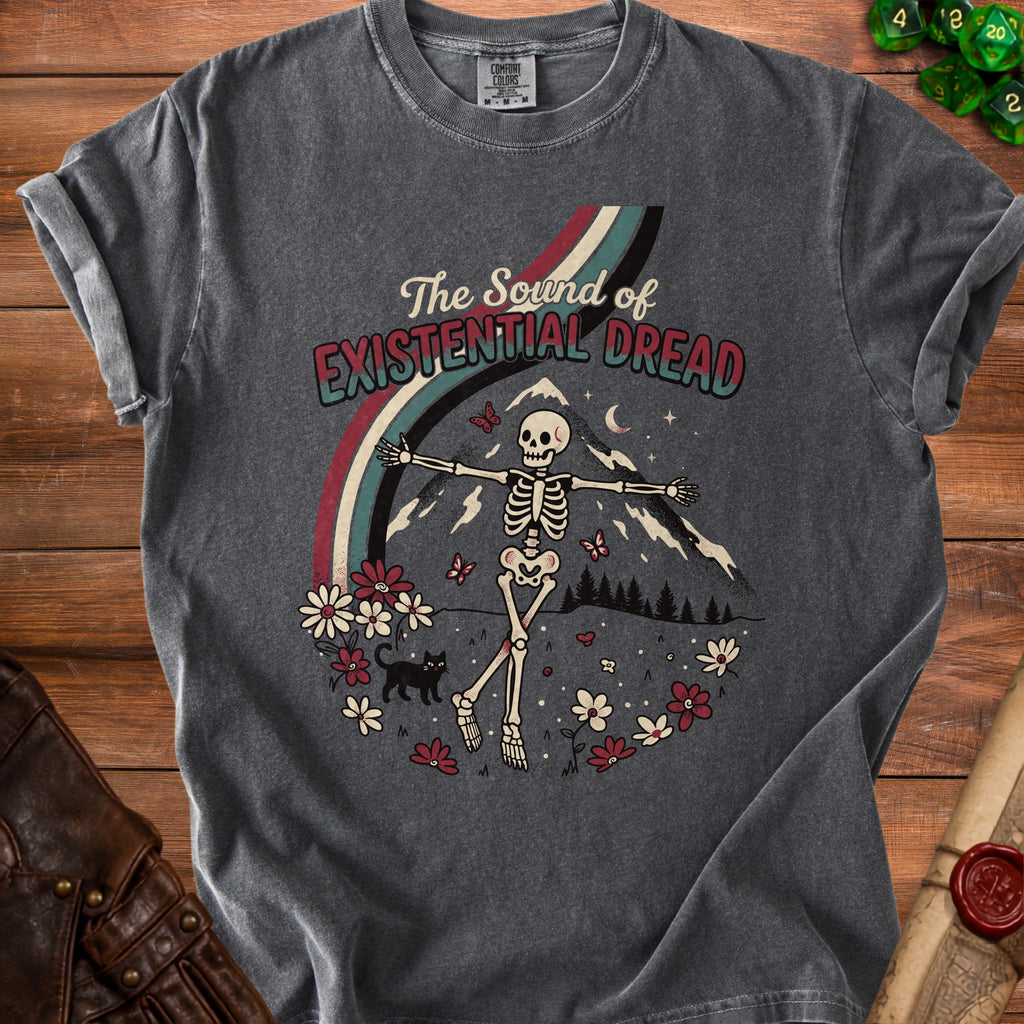 Dark grey t-shirt with skeleton, rainbow, mountains, flowers, and text "The Sound of Existential Dread".