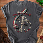 Dark grey t-shirt with skeleton, rainbow, mountains, flowers, and text "The Sound of Existential Dread".