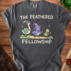 Dark grey t-shirt with "The Feathered Fellowship" text and cartoon birds.
