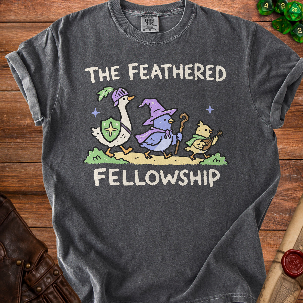 Dark grey t-shirt with "The Feathered Fellowship" text and cartoon birds.