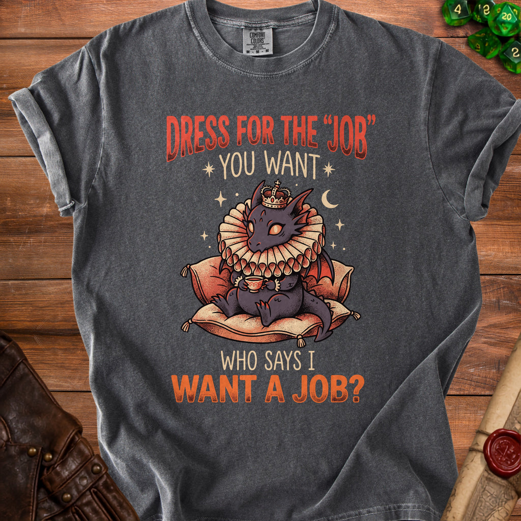 Dark gray t-shirt with a crowned dragon holding tea and text.