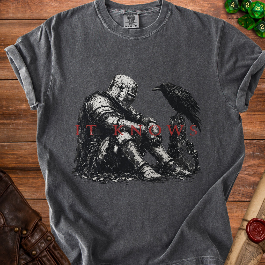 Dark t-shirt with a graphic of a knight sitting next to a raven, text "IT KNOWS".