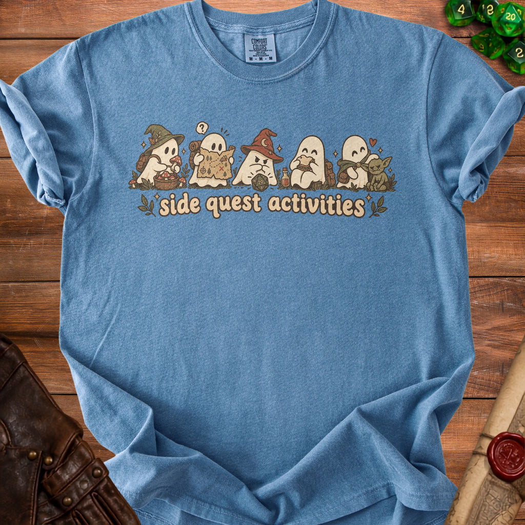 Blue t-shirt with ghosts on a quest, holding map and dice, saying "side quest activities".