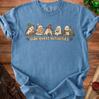 Blue t-shirt with ghosts on a quest, holding map and dice, saying "side quest activities".