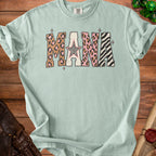 Light green t-shirt with "MANA" text in animal print and zebra patterns.