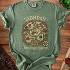 Green t-shirt with ADHD&D map design featuring a cat, dragon, and text.