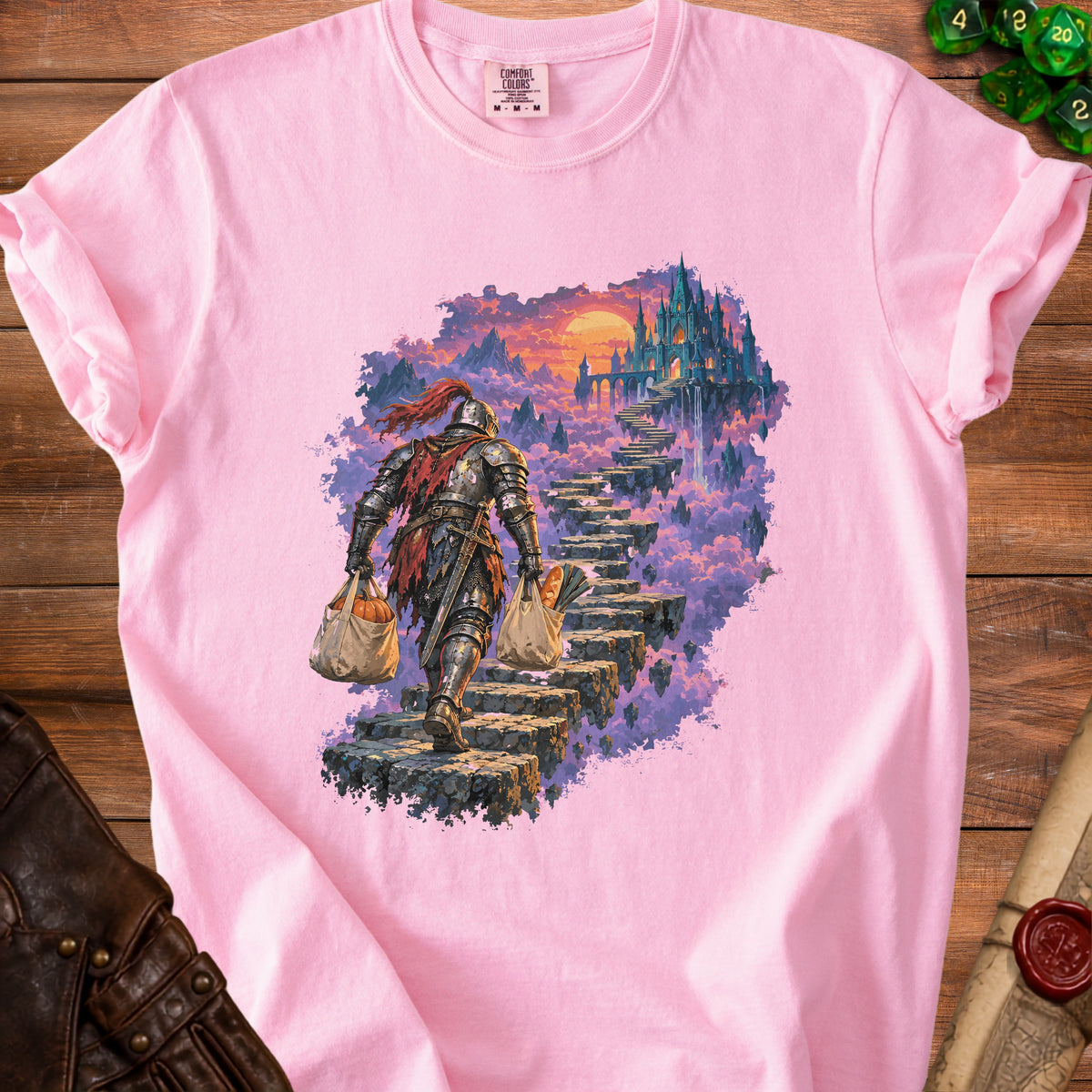 Knight in armor carrying groceries up floating stairs towards a castle.