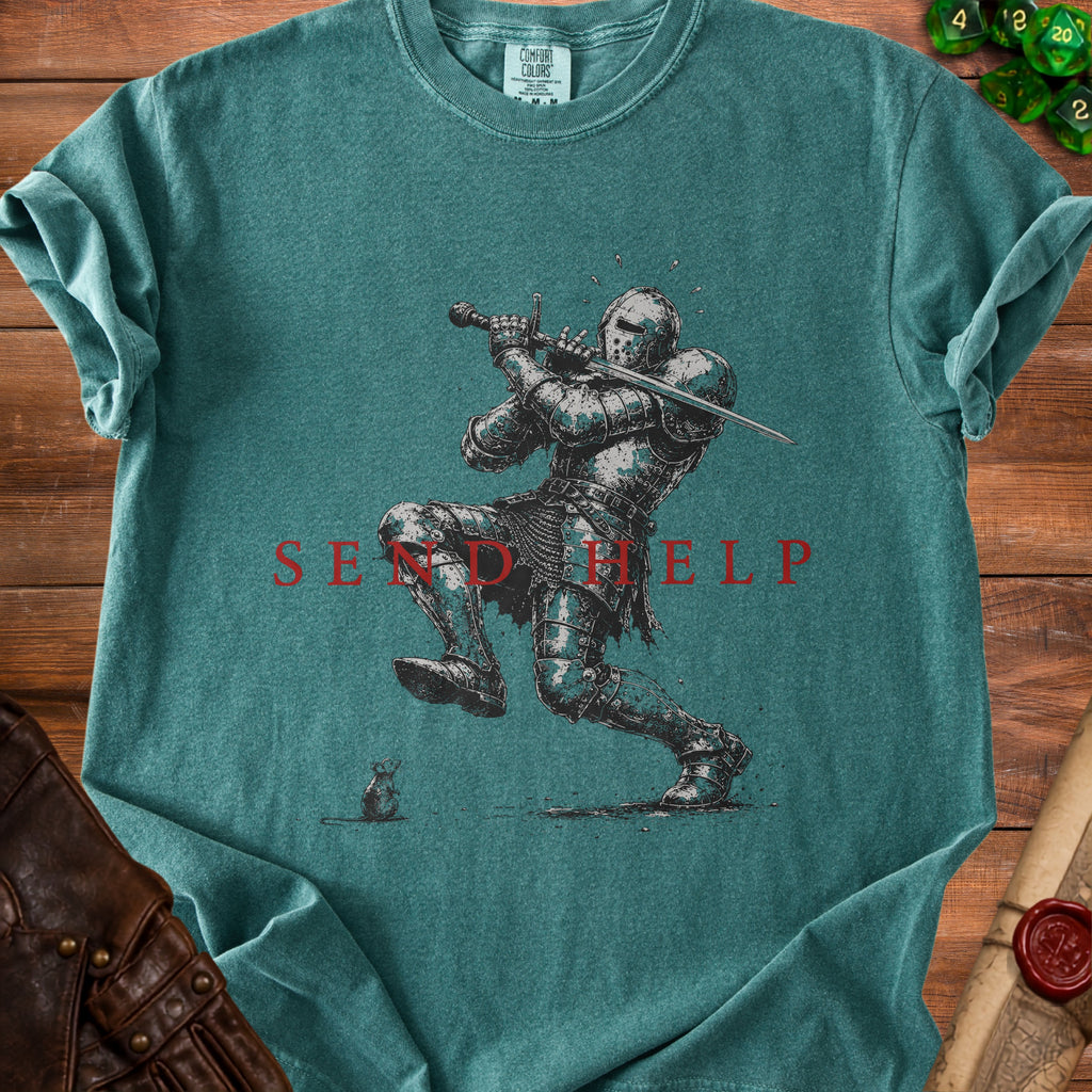 Knight in armor swings sword with "SEND HELP" text and a small mouse.