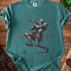 Knight in armor swings sword with "SEND HELP" text and a small mouse.