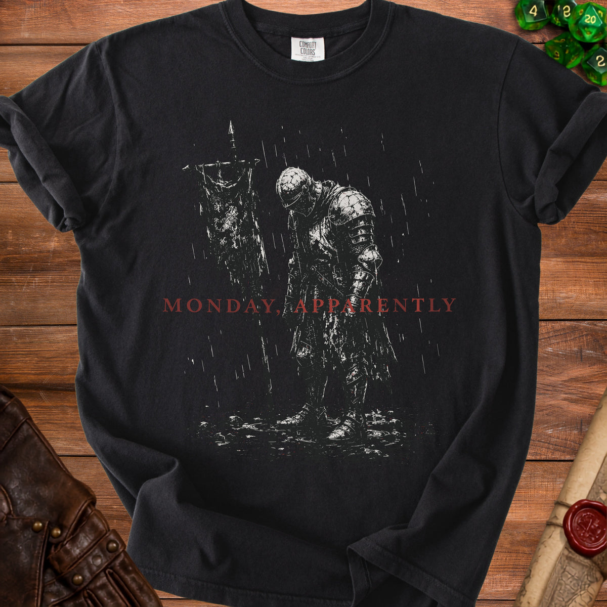 Black t-shirt with armor-clad knight and "MONDAY, APPARENTLY" text.