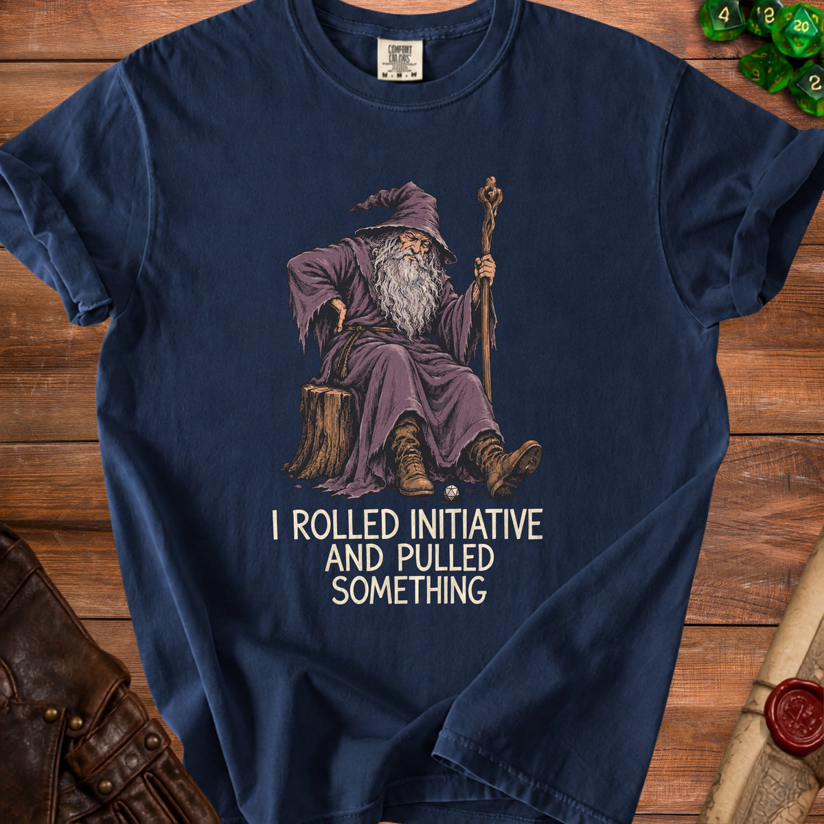 Navy t-shirt with wizard graphic and text "I ROLLED INITIATIVE AND PULLED SOMETHING".