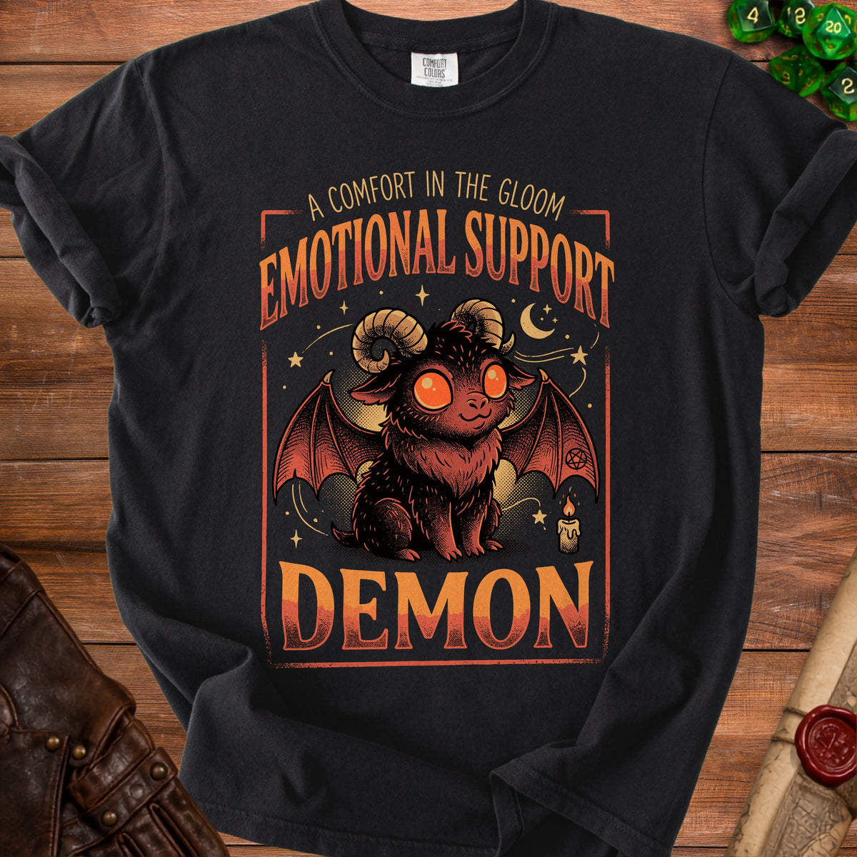 Black t-shirt with "Emotional Support Demon" graphic featuring a cute demon with horns and bat wings.