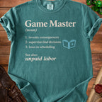 Teal t-shirt with "Game Master (noun)" definition and a book graphic.